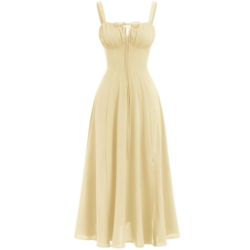 Strick Pulloverkleid Damen Lässiges Sommerkleid für Damen, ärmellos, langes Maxikleid mit Bindedetail für den täglichen Urlaub, reine Farbe, eleganter, fließender Boho-Stil Maxikleid (Yellow, S) von Generisch