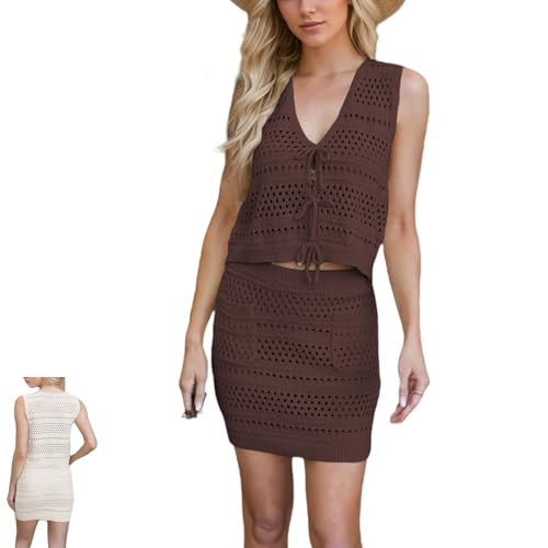 Strick-Top mit V-Ausschnitt, Häkelrock-Set, Y2k-Strick-Top mit Bindeband vorne, hoch tailliertes, figurbetontes Rock-Set (Braun,S) von Generisch