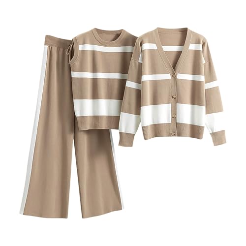 Strickanzug Damen Set 3 Teilig Gestreift Hausanzug Damen Kuschelig Hosenanzug Damen Elegant 3 Teiler mit Weste Freizeitanzug Frauen Weites Bein Strick Anzug Zuhause Outfit mit Strickjacke von Generisch