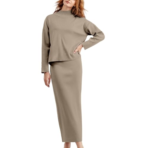 Generisch Damen Strickanzug Set Elegant | Strick Set Damen Zweiteiler, 2-Teilig Jogginganzug Langarm Strickpullover Und Lang Maxi Rock Einfarbig One Size (Long Sleeve, Maxi Length) von Generisch