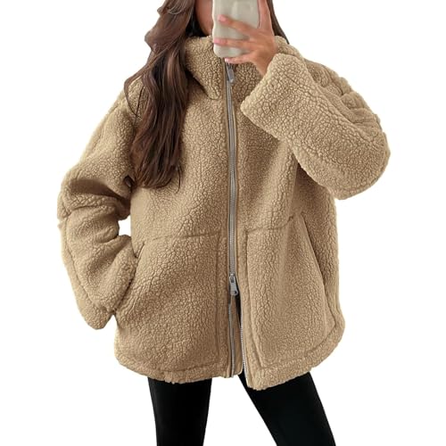 Strickfleecejacke-Damen-Lang,-Teddyjacke-Damen-Warme-Doppelschneidiger-Samt-Jacke-Dicke-Freizeit-Winterjacke-Einfarbig-Fleecejacke-mit-Taschen-Reißverschluss-Wintermantel-2024-Neueste-Plüschjacke von Generisch