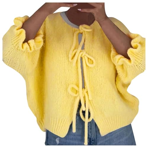 Strickjacke Damen, Strickjacke Damen Kurz Cardigan Pullover mit Schnürung vorne und Schleife Sweater Offene Vorderseite Strickpullover Strickjacken Winter Warm Casual Offene Front Strickmantel von Generisch