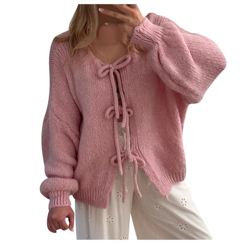 Strickjacke Damen, Strickjacke Damen Kurz Cardigan Pullover mit Schnürung vorne und Schleife Sweater Offene Vorderseite Strickpullover Strickjacken Winter Warm Casual Offene Front Strickmantel von Generisch