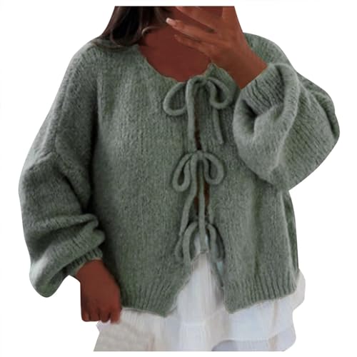 Strickjacke Damen, Strickjacke Damen Kurz Cardigan Pullover mit Schnürung vorne und Schleife Sweater Offene Vorderseite Strickpullover Strickjacken Winter Warm Casual Offene Front Strickmantel von Generisch