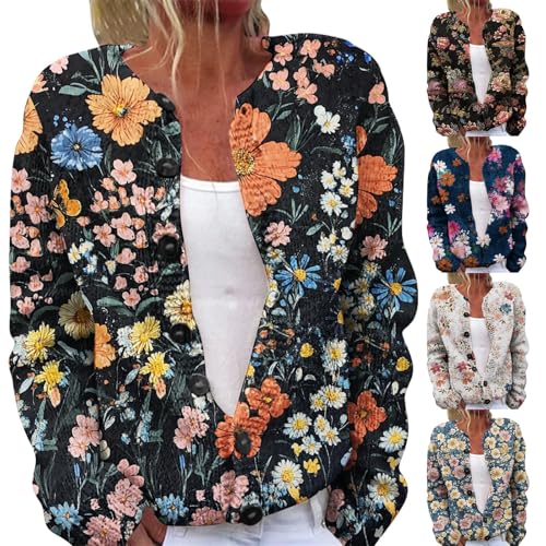 Strickjacke Damen Bunt Gemustert Wickelpullover Elegant V-Ausschnitt Langarm Strickpullover Strickmantel mit Knöpfen Winterjacke Lässige Blumendruck Jacke Lose Mantel Strickpulli (Yellow, M) von Generisch