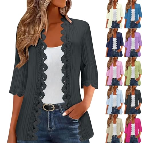 Strickjacke Damen Kurz Elegant, Cardigan Damen Sommer Leicht Sommerjacke Große Größen Strickcardigan 3/4 Arm Strickpullover V-Ausschnitt Kimono Locker Strandponcho Einfarbig Dünn Strickjacken von Generisch