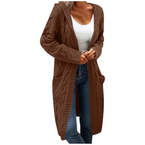 Strickjacke Damen Lang Grobstrick Cardigan Mit Kapuze Klassische Einfarbig Oversize Strickjacken Übergangsjacke Open Front Sweater Pullover Langarm Herbst Winter Windbreaker Mit Taschen Brown L von Generisch