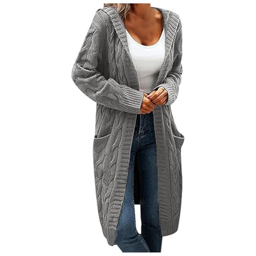 Strickjacke Damen Lang Grobstrick Cardigan Mit Kapuze Klassische Einfarbig Oversize Strickjacken Übergangsjacke Open Front Sweater Pullover Langarm Herbst Winter Windbreaker Mit Taschen Grau L von Generisch