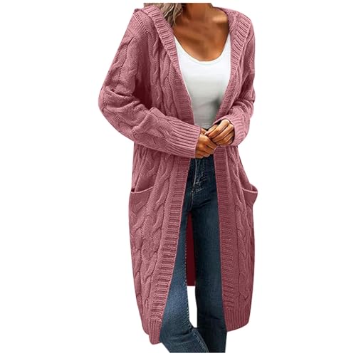 Strickjacke Damen Lang Grobstrick Cardigan Mit Kapuze Klassische Einfarbig Oversize Strickjacken Übergangsjacke Open Front Sweater Pullover Langarm Herbst Winter Windbreaker Mit Taschen Rosa Xxxl von Generisch