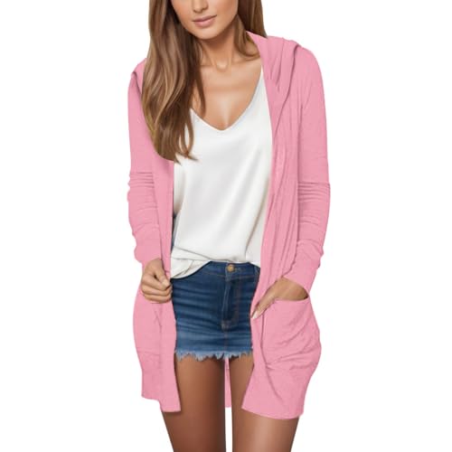 Strickjacke Damen Lang Mit Kapuze - Leichte Strickjacke Damen Sommer Dünn Lang Cardigan Klassisch Einfarbig Übergangsmantel Vorne Offen Oberbekleidung Mit Taschen Sommermantel Strickmantel Streetwear von Generisch