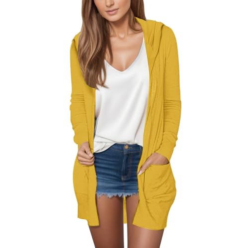 Strickjacke Damen Lang Mit Kapuze - Leichte Strickjacke Damen Sommer Dünn Lang Cardigan Klassisch Einfarbig Übergangsmantel Vorne Offen Oberbekleidung Mit Taschen Sommermantel Strickmantel Streetwear von Generisch