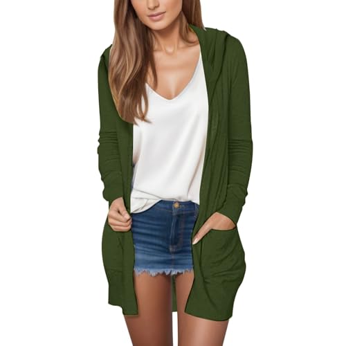 Strickjacke Damen Lang Mit Kapuze - Leichte Strickjacke Damen Sommer Dünn Lang Cardigan Klassisch Einfarbig Übergangsmantel Vorne Offen Oberbekleidung Mit Taschen Sommermantel Strickmantel Streetwear von Generisch