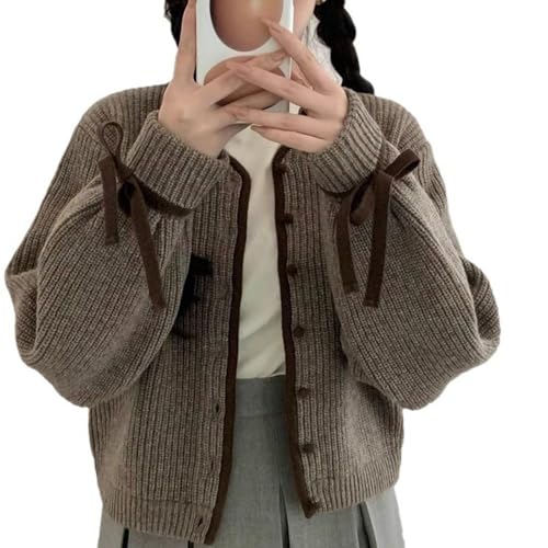 Strickjacke Damen Lang V-Ausschnitt Langarm Cardigan Dicker kurzer Pullover Weich mit Schleife Gemütlich Winter Casual Strickpullover Elegant Bequem Einfarbig Freizeitjacke Top von Generisch