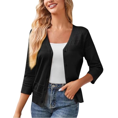 Strickjacke Damen Sommer Langarm V-Ausschnitt mit Knöpfen Leichte Cardigan Strickjacken für Frauen Kurz Sommerjacke Einfarbig Slim fit Strickmantel Elegant Feinstrickjacke Sweater Jacke Outwear von Generisch