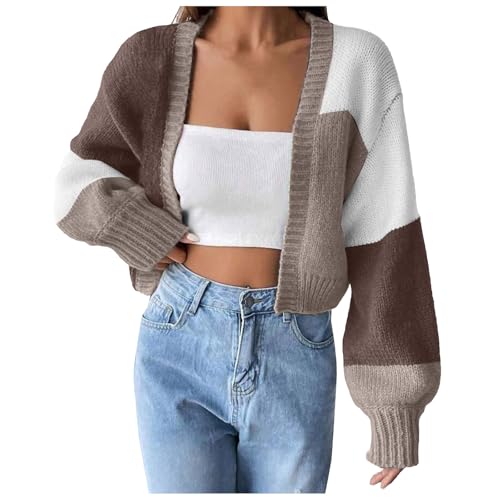 Strickjacke Damen V-Ausschnitt Gestreifter Strick Kurzmantel in Colorblocking Herbst Winterjacke Übergangsjacke Mantel Cardigan Strickjacke für Damen Kurz Y2k Elegant Langarm Spring Winter von Generisch