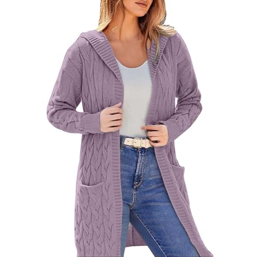 Strickjacke Damen mit Kapuze Grobstrick Langärmelige Strickmantel Herbst Winter Open Front Sweater Outwear V Ausschnitt Elegante Casual Lang Cardigan Kapuzenpullover mit Taschen Mode Einfarbig Jacke von Generisch