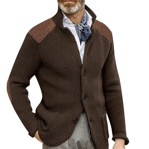 Strickjacke Herren Business, Langarm Cardigan Sweatjacke Feinstrick Winter Mit Knopfleiste Und Taschen Zipper Dünne Jacke Große Größen Schwarz Stehkragen Veste Pullover Cardigan (XL, Kaffee) Generisch von Generisch