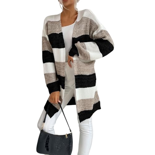 Strickjacke Mittellang Damen Gestreift Strickjacken Damen Grobstrick Strickmantel Damen Elegant mit Schalkragen Damenstrickjacke Langarm Strick Cardigan Frauen Winter Grobstrickjacke von Generisch