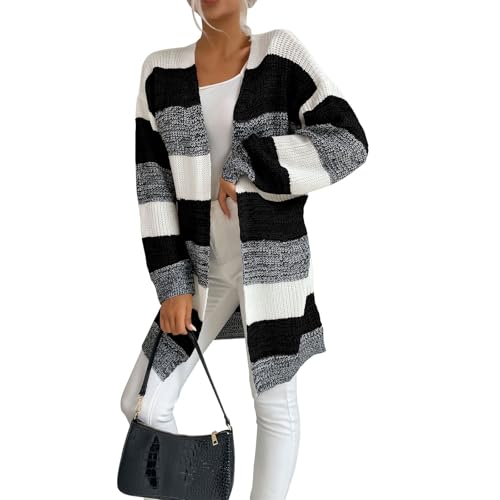 Strickjacke Mittellang Damen Gestreift Strickjacken Damen Grobstrick Strickmantel Damen Elegant mit Schalkragen Damenstrickjacke Langarm Strick Cardigan Frauen Winter Grobstrickjacke von Generisch