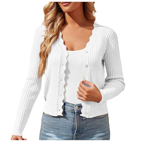 Strickjacke Weiß Damen, Strickjacke Damen Kurz V Ausschnitt Trachtenjacke Mit Knöpfen Dirndl Jacke Einfarbig Cardigan Leichte Übergangsjacke Sommer Bolero Elegante Kurzjacke Casual Dünnes, Weiße, XXL von Generisch