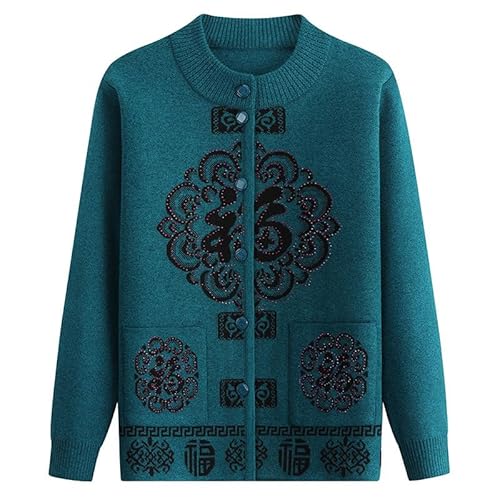 Strickjacke für Frauen Mittleren Alters und Ältere Frauen Herbst Winter Langarmpullover Fu Charakter Damen Gestricktes Unterhemd Oma Strickjacke Geschenk Blau L von Generisch