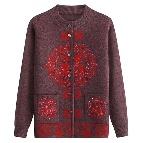 Strickjacke für Frauen Mittleren Alters und Ältere Frauen Herbst Winter Langarmpullover Fu Charakter Damen Gestricktes Unterhemd Oma Strickjacke Geschenk Kaffee M von Generisch