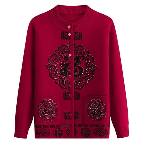Strickjacke für Frauen Mittleren Alters und Ältere Frauen Herbst Winter Langarmpullover Fu Charakter Damen Gestricktes Unterhemd Oma Strickjacke Geschenk Weinrot M von Generisch