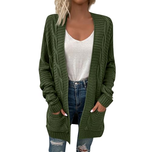 Strickjacken für Damen Cardigan Langarm Strickpullover Damen Strickjacke Strickmantel Lang Übergangsjacke Gestrickt Sweater Herbst Winter Casual Strickcardigan Pullover mit Taschen Army Green XL von Generisch
