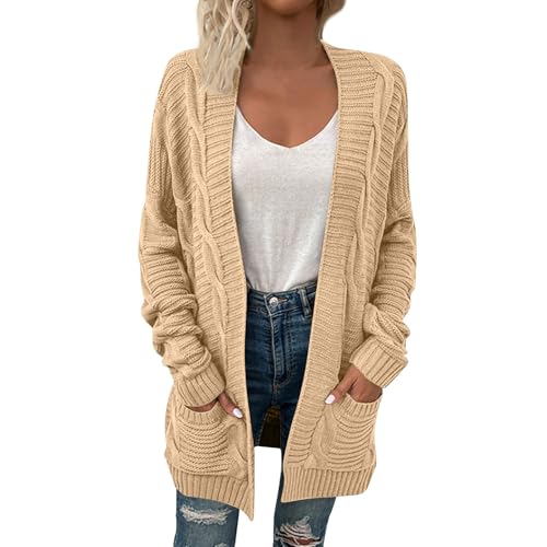 Strickjacken für Damen Cardigan Langarm Strickpullover Damen Strickjacke Strickmantel Lang Übergangsjacke Gestrickt Sweater Herbst Winter Casual Strickcardigan Pullover mit Taschen Khaki L von Generisch