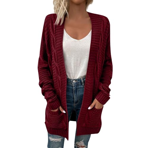 Strickjacken für Damen Cardigan Langarm Strickpullover Damen Strickjacke Strickmantel Lang Übergangsjacke Gestrickt Sweater Herbst Winter Casual Strickcardigan Pullover mit Taschen Wine L von Generisch