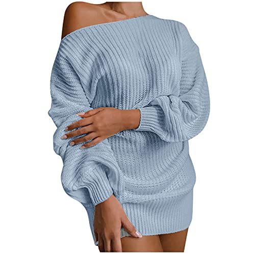 Strickkleid Damen Elegant Oversize Strickpullover Damen Winter Warm Minikleid Rundhals One Shoulder Multiway Pulloverkleid Kurz Locker Strickpullover Slim Langarm Freizeitkleid Einfarbige Kurzekleid von Generisch
