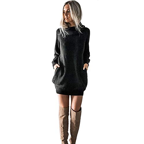 Strickkleid Damen Langarm Eng Baumwolle Mit Stehkragen Kurz Geripptes Strickkleider Winterkleid A-Linie Sexy Tailliert Winter Tunika Kleid Pulloverkleid Knielang Elegant Herbst Wolle Figurbetont von Generisch