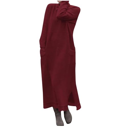 Strickkleid Damen Winter Große Größe | Pulloverkleid Damen Lang Rundhalsausschnitt Freizeitkleid Mit Taschen Herbstkleid Einfarbige A-Linie Kleid Swing Weiche Sweater Kleid Knöchellanges Maxikleider von Generisch