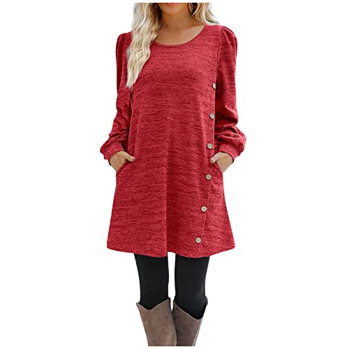 Strickkleid Damen Winter Kurz Kleider Damen Langarm Tunika Kleid Damen Elegant Rundhals Blusenkleid A Linie Kleider Frauen mit Knopfleiste Damenkleider mit Taschen Herbstkleid Winterkleid von Generisch
