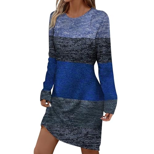 Strickkleid Damen Winter Kurz | Sweatkleid Damen Langarm Streifen Freizeitkleid Rundhalsausschnitt Pulloverkleid Große Größen Herbstkleid Casual Minikleid Curvy Sweater Kleid Etuikleid Jerseykleid von Generisch