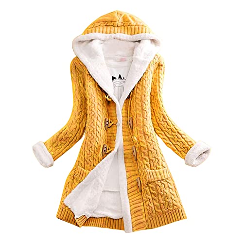 Strickmantel Lang Damen - Strickjacke Gefüttert Lang Damen Grobstrick Cardigan Grobstrick Mit Kapuze Dicker Warm Wintermantel Vintage Gestrickt-Winterjacke Plüschjacke Kapuzen-Mantel Strickcardigan von Generisch