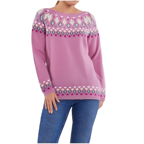 Strickpullover Damen Faire Insel Sweater Elegant Rundhals Pullover Locker Langarm Winterpullover mit Aufdruck Gestrickter Pullover Warme Bequem Retro Fallen Winter Oberteile(#30-16, XL) von Generisch