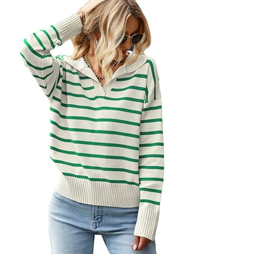Strickpullover Damen Feinstrick Gestreift Pulli Damen Langarm Pullover Damen Elegant Winter Winterpullover Damen V Ausschnitt Winterpulli mit Kragen Strickpulli Streifen Damenpullover von Generisch