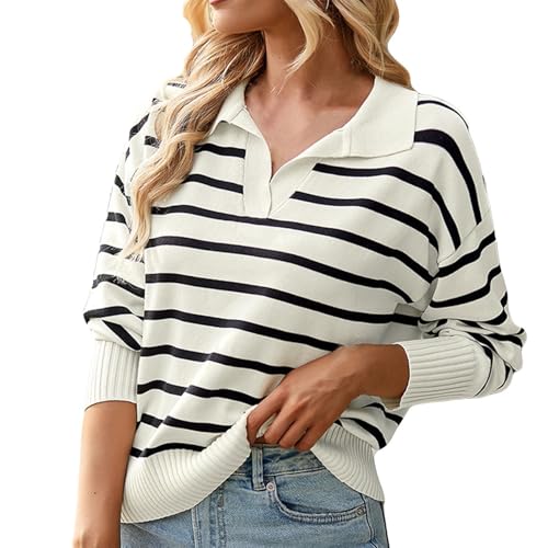 Strickpullover Damen Feinstrick Gestreift Pulli Damen Langarm Pullover Damen Elegant Winter Winterpullover Damen V Ausschnitt Winterpulli mit Kragen Strickpulli Streifen Damenpullover von Generisch