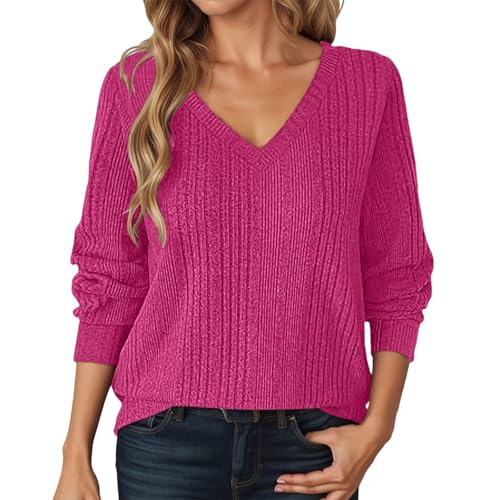 Strickpullover Damen Herbst Winter V-Ausschnitt Pullover Elegant Einfarbig Strickpulli Feinstrick Winterpullover Warm Wollpullover Basic Pulli Kaschmir Gestrickter Sweater Knallrosa M Strickpullover Damen Herbst Winter V-Ausschnitt Pullover Elegant Einfarbig Strickpulli Feinstrick Winterpullover Warm Wollpullover Basic Pulli Kaschmir Gestrickter Sweater Knallrosa M von Generisch