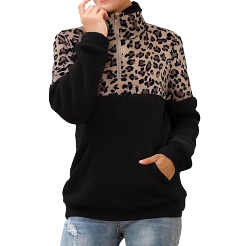 Strickpullover Damen Oversize Pullover Damen Baumwolle Winter Fleecejacke Ohne Kapuze Sweatjacke Leopard-Print Rollkragenpullover Plus Samt Plüschjacke Reißverschluss Wanderjacke Colorblock Pulli von Generisch