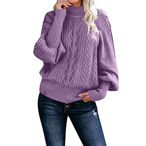 Strickpullover Damen Oversize - Wollpullover Damen Oversize, Rollkragen Kaschmir-Pullover Casual Langarm Sweater Einfarbig Rollkragenpullover Vintage Rundhals Zopfstrickpullover Winter Pullover von Generisch