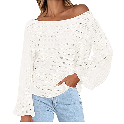 Strickpullover Damen Slash Neck Pullover Schulterfrei Winterpullover Laternenärmel Sweater Langarm Strick Sweatshirt Einfarbig Grobstrick Pulli Leichte Winter Longpullover Locker Strickpulli Strickpullover Damen Slash Neck Pullover Schulterfrei Winterpullover Laternenärmel Sweater Langarm Strick Sweatshirt Einfarbig Grobstrick Pulli Leichte Winter Longpullover Locker Strickpulli von Generisch