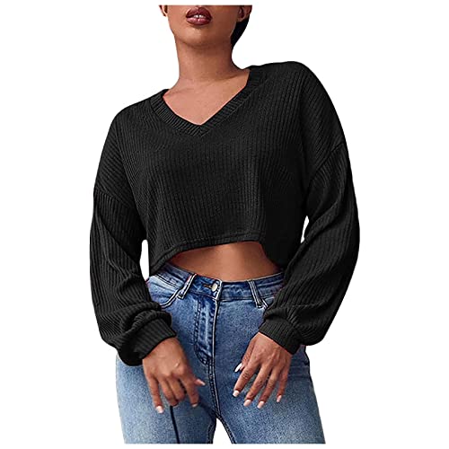 Strickpullover Damen V Ausschnitt - Crop Pullover Damen Strick Cropped Pullover Winter Warmer Langarm Sweatshirt Elegant Kurzer Strickpulli Elegant Grobstrick Sweater Strick Pulli Kurzpullover von Generisch