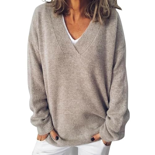 Strickpullover Damen V-Ausschnitt Pullover - Winter Sweater Flausch Sweatshirt Elegant Oberteile - Einfarbig Winterpullover Frauen Langarmshirt - Warmer Strickpulli Weich Langarm Longshirt von Generisch