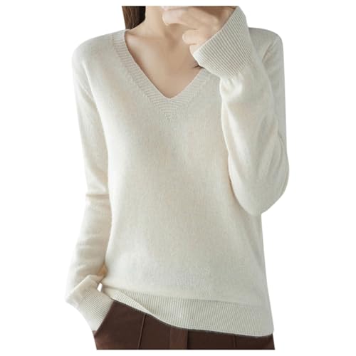 Strickpullover Damen V-Ausschnitt Pullover Winter Sweater Grobstrick Sweatshirt Elegant Oberteile Einfarbig Winterpullover Große Größen Langarmshirt Locker Pulli Langarm Longshirt Longpullover von Generisch