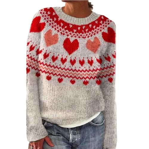 Strickpullover Damen Valentinstag Sweater Elegant Rundhals Pullover Locker Langarm Winterpullover mit Aufdruck Gestrickter Pullover Warme Bequem Retro Fallen Winter Oberteile(#30-11, 5XL) von Generisch