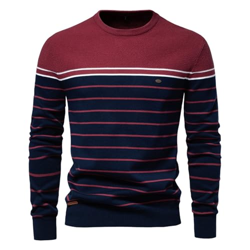Strickpullover Herren Streifen Pullover Mit Rundhalsausschnitt Sweatshirt Mode Patchwork Feinstrickpullover Weicher Lässiger Langarm Strukturierter Strickpullover Für Männer (Brick Red, XXL) von Generisch
