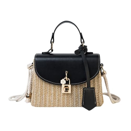 Strohgewebte quadratische Tasche für Frauen, gewebte Strandtasche, Rattan-Geldbörse, Sommer gewebte Umhängetasche, Tragetasche, Handtasche, Schultertasche (Black, 19cm) von Generisch