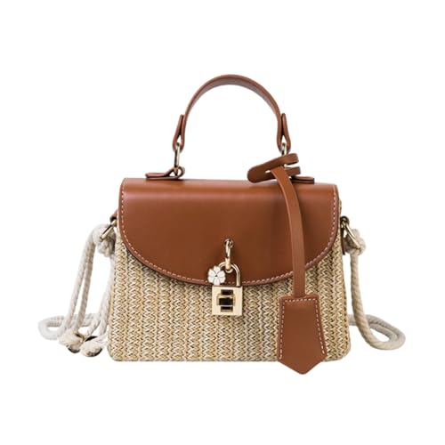 Strohgewebte quadratische Tasche für Frauen, gewebte Strandtasche, Rattan-Geldbörse, Sommer gewebte Umhängetasche, Tragetasche, Handtasche, Schultertasche (Brown, 19cm) von Generisch